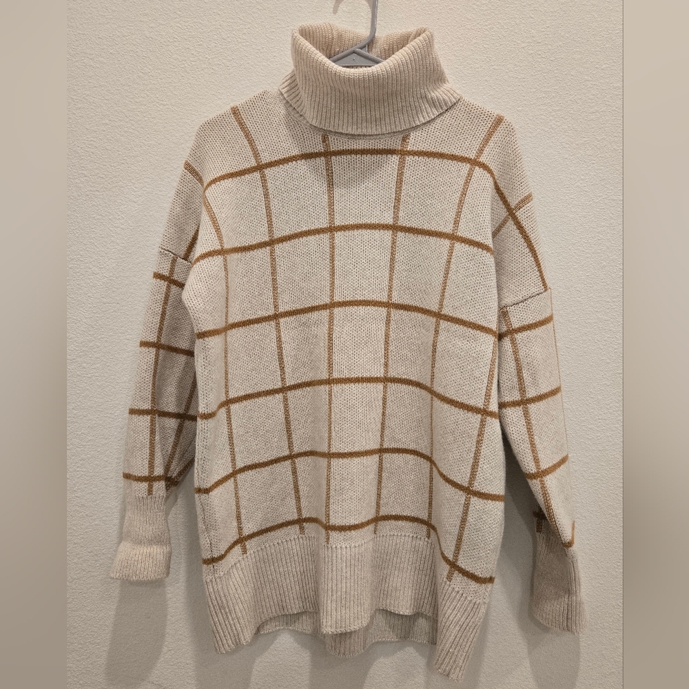 Madewell Cream and Tan‎ Grid Turtleneck Sweater